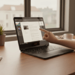 タッチスクリーン対応のノートパソコンに指で触れようとしている画像