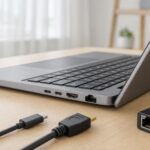ノートパソコンのUSB-CやHDMIなどの端子を確認する机