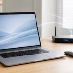 ノートパソコンと無線LANルーターを並べた作業机