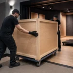 スタジオへ大型木箱を搬入する2人の作業員