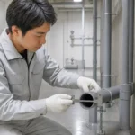 保守技術者が小径排水管の内径を確認する様子