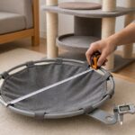 キャットタワーの交換用ハンモックの直径と取付穴を測る場面