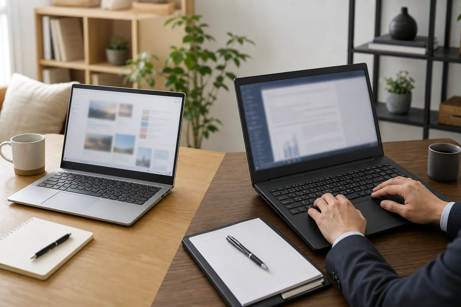小さめのノートPCと大きめのノートPCを並べ、持ち運び向けと仕事机向けの違いを表した画像