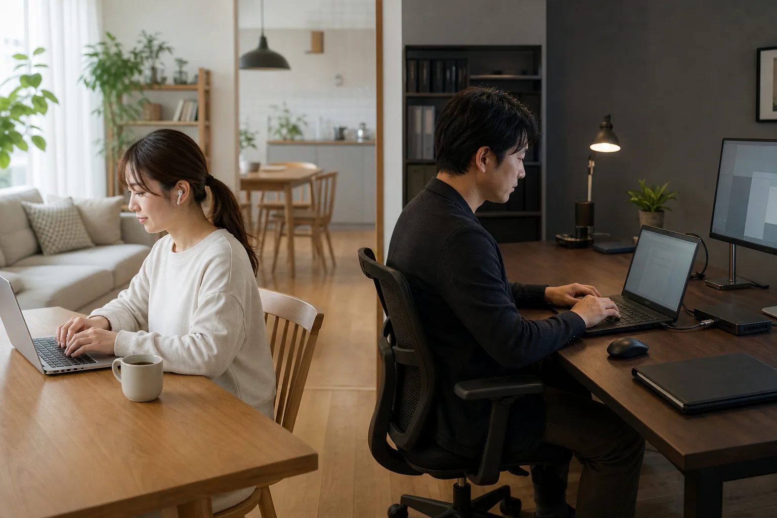 家庭で気軽にノートPCを使う場面と、仕事机で集中してノートPCを使う場面の比較イメージ