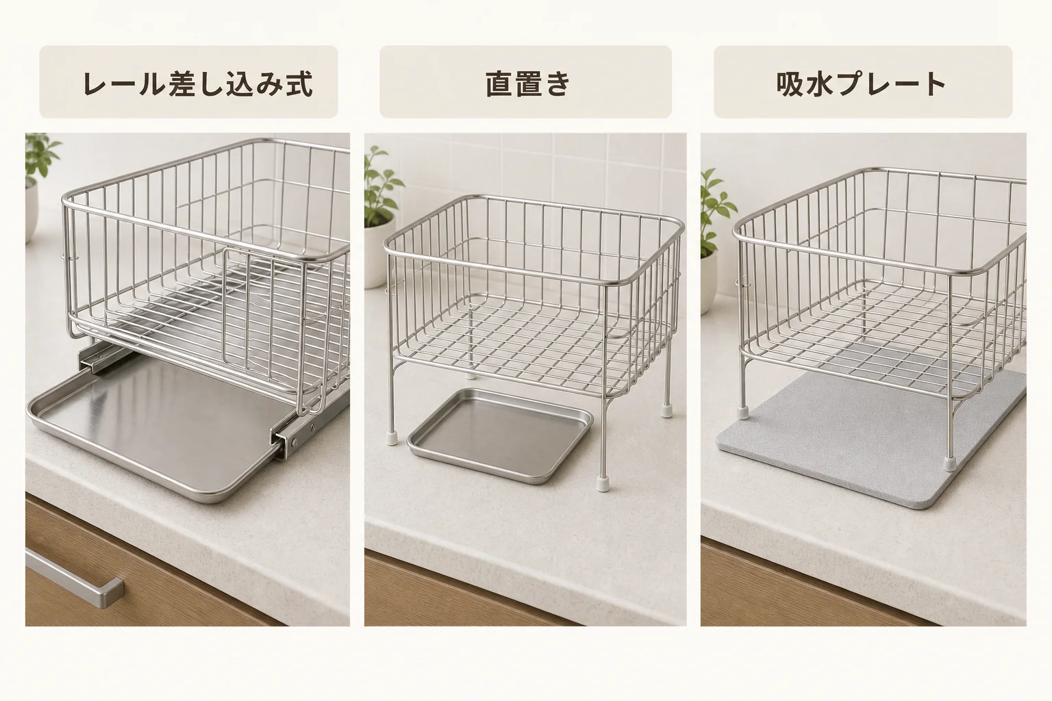 水切りラック用トレーのレール差し込み式・直置き・吸水プレートの違い