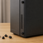 木製デスクに置いた黒いPCケースのサイドパネル付近と数本の手回しネジ