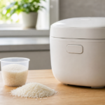 家庭のキッチンに置いた炊飯器と白米入りの計量カップ