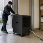 倉庫で大型除湿機の搬入と排水ホース経路を確認する作業