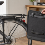 自転車のリアキャリアとパニアバッグ背面の取付金具を確認する様子