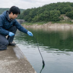 貯水池で長いケーブルの水質センサを投入する様子