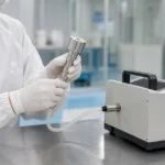 クリーン環境で採気プローブを使って粒子を測定する作業