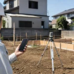 住宅建築現場で測量機とスマートフォンを使う位置出し作業