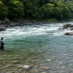 大石と流れのある河川で鮎釣りをする様子
