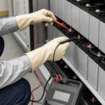 バッテリー端子に測定プローブを当てる診断作業