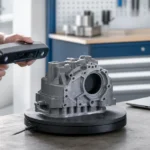 手持ち3Dスキャナーで機械部品を読み取りPCで確認する作業