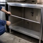 業務用厨房で製氷機の設置寸法と床排水を確認する作業