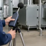 工場設備の前で三脚に固定した騒音計を操作する場面
