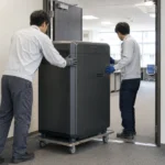 大型の業務用シュレッダーを2人で室内搬入する場面