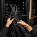 スタジオラックで多数の音声ケーブルを接続した様子