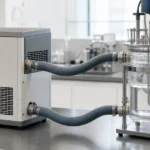 恒温循環装置と外部槽を2本のホースで接続した様子