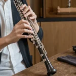 演奏者がオーボエのキー操作を確認する様子