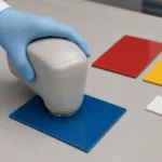 色見本へ色彩計を当てて測定する様子