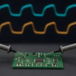 基板へ2本のプローブを当てて波形を測定する様子