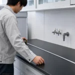 恒温恒湿器の設置候補場所で寸法と給排水を確認する様子