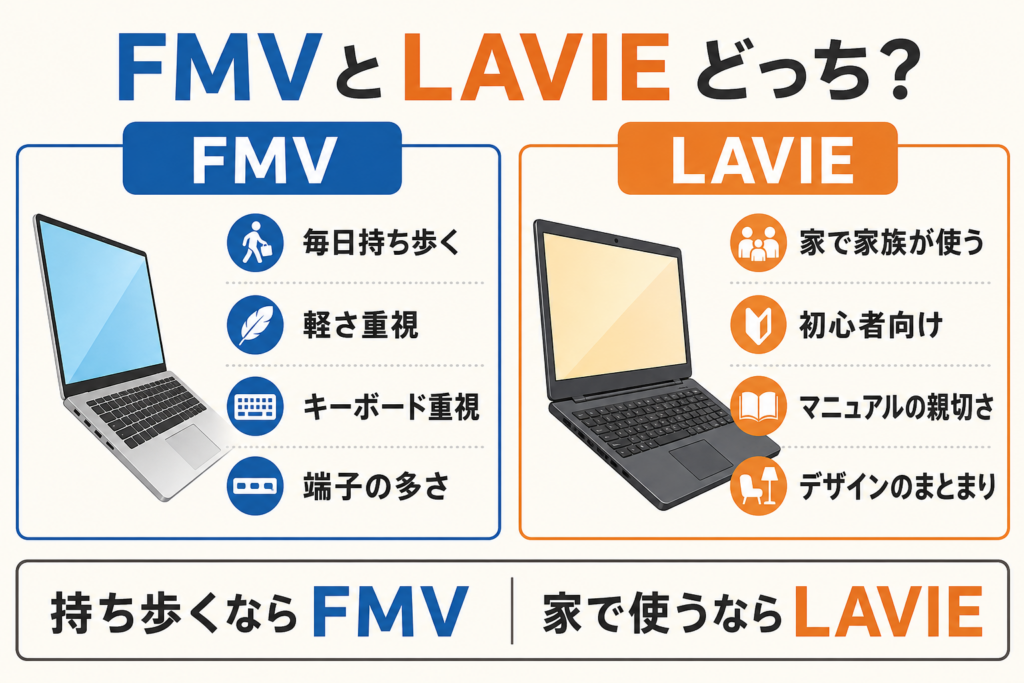 富士通FMVとNEC LAVIEの向いている用途を比較した図