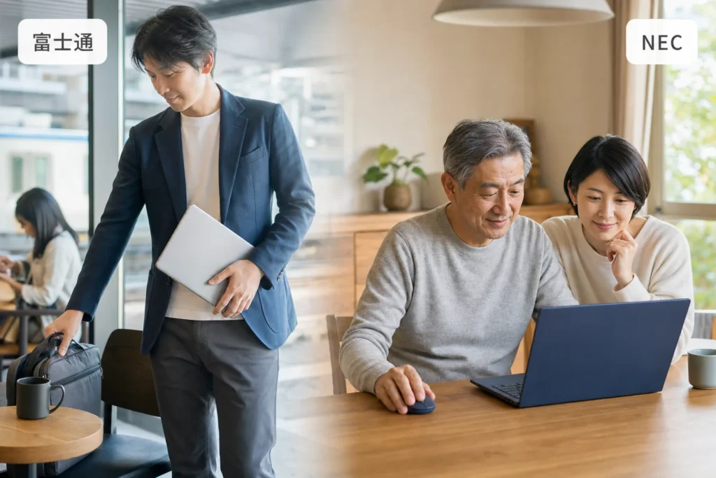 左に富士通の表示と持ち運び用ノートPC、右にNECの表示と家庭用ノートPCを配置した比較イメージ