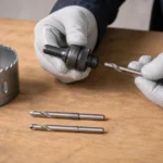 ホールソーとアーバーとセンタードリルを見比べる様子