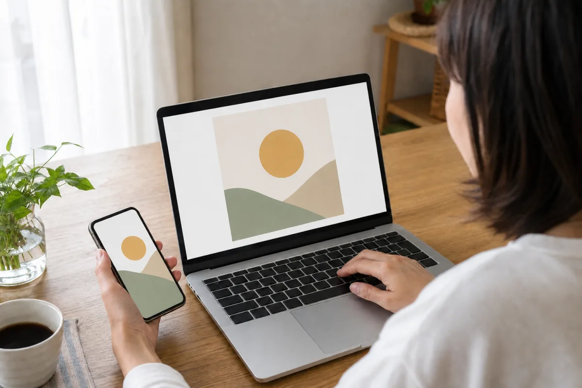 スマートフォンの写真をノートPCで簡単な投稿画像に整える作業風景