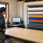 サイン制作室の作業台と資材ロール、パソコン