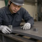 鋼板の厚さと磁気吸着面を確認する作業者