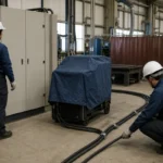 工場で溶接設備の電源盤とケーブル経路を確認する作業者