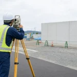 建設現場で三脚上の測量機を操作する測量担当者