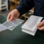 薄い平袋と厚手の折り込み袋を作業台で比較する様子