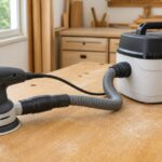 サンダーと集塵機をホースと変換アダプターで接続した作業台