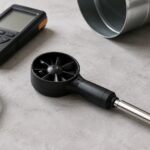 ベーン式風速プローブと風速計、ダクトを並べたイメージ