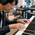 楽器店で鍵盤タッチを試奏する様子