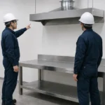 排気フードと空の耐熱作業台を確認する設備担当者