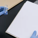 透明なキュベットと無記入の書類を確認する手元