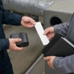 空調設備の測定後に現場で紙記録を受け渡す作業