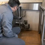 業務用厨房の空きスペースで給湯と排水経路を確認する作業