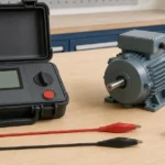 電源を抜いたモーターと絶縁抵抗計、未接続の測定コード