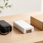 木製テーブルに充電器とバッテリーパック、箱を並べたイメージ