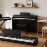 明るい室内に複数の電子ピアノが並んでいるイメージ