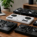 複数のDJコントローラーを机の上に並べたホームスタジオのイメージ
