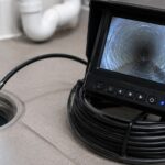 排水口に挿入する管内カメラと配管内部を映すモニター