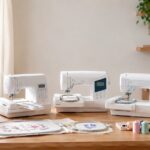 作業台に複数の刺繍ミシンと刺繍枠が並んでいる様子